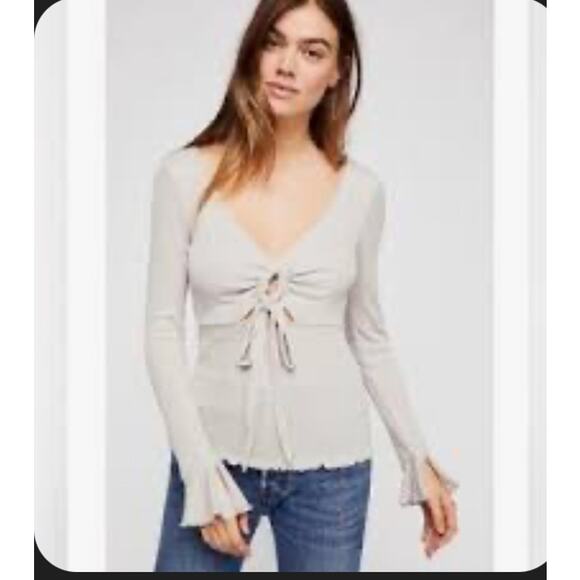 Free People Intimately Waffle Knit Bell Sleeve Blouse Women M Cream Tie Front - Picture 9 of 9